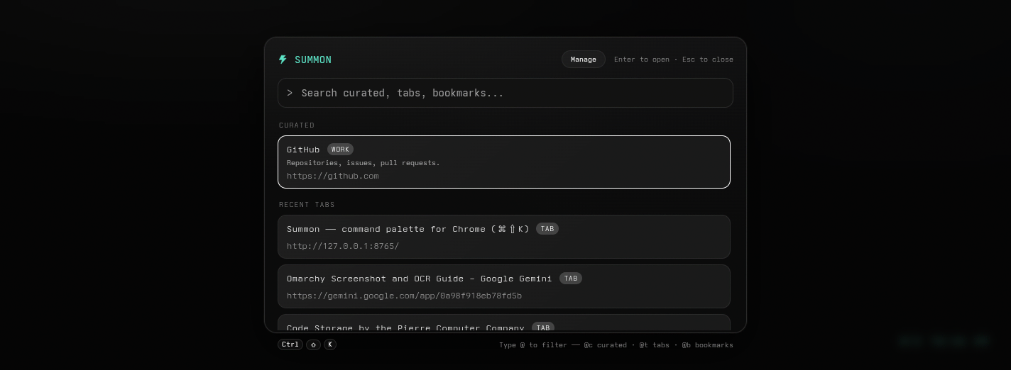 Summon command palette — a small dark window with a prompt, search field, and ranked results for curated, tabs, and bookmarks